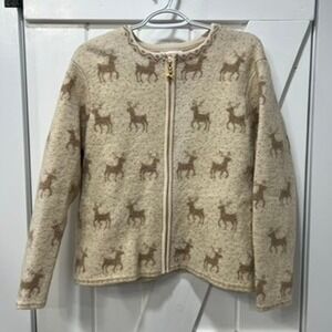 Talbots Womens Sweater Wool Zip Crewneck Reindeer Novelty Brown Knit Soft Medium